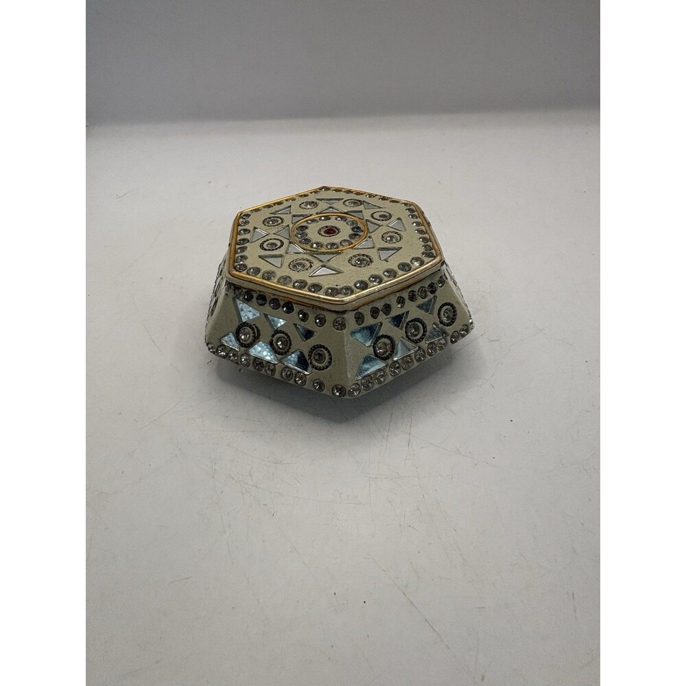 Gold Mosaic Jeweled Trinket Ceramic Hexagon  w/  lid Apx. 3.5" Round Moroccan